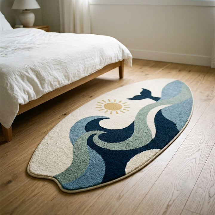 Nautical area rug beside a bed in a light-filled bedroom