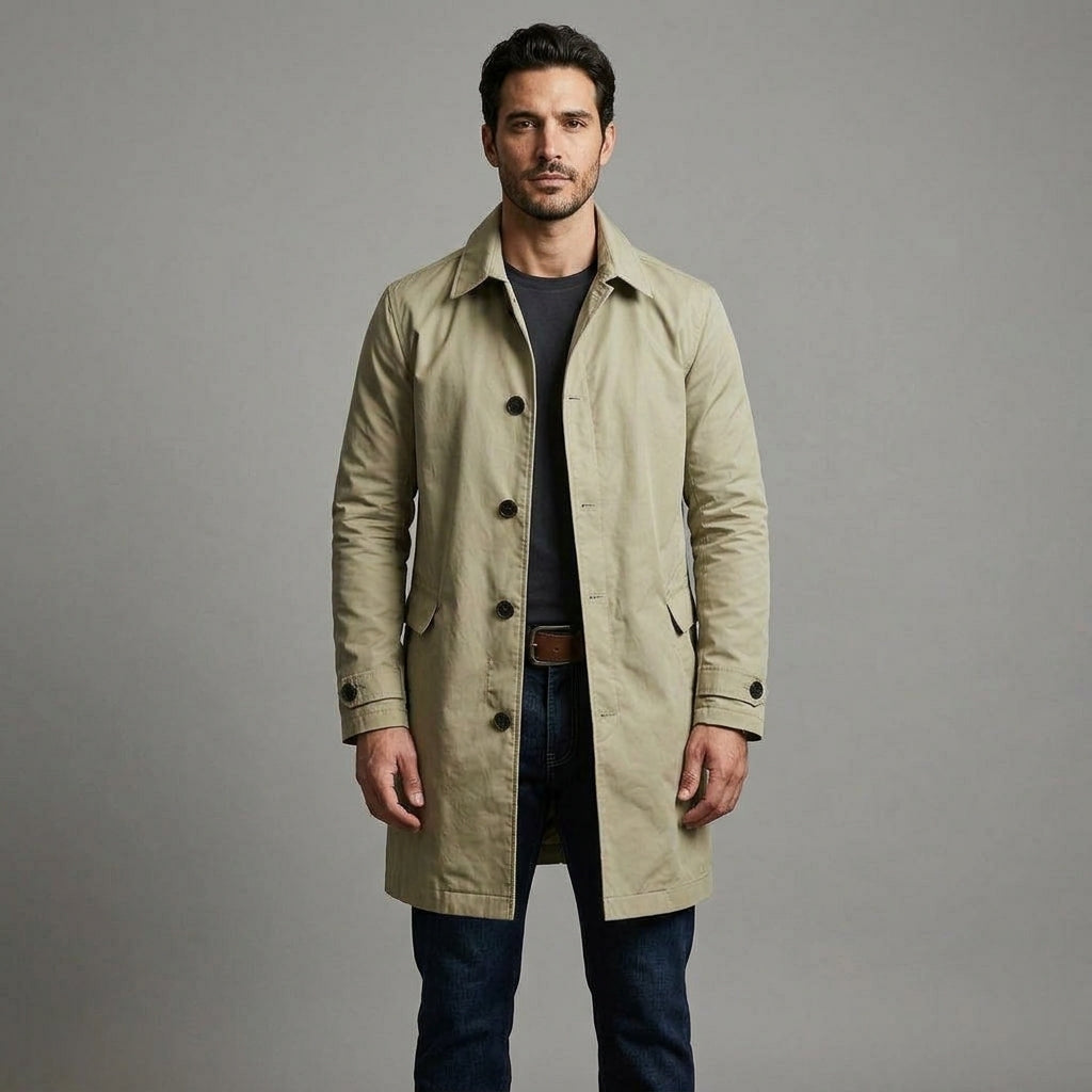 Everett Mac Coat in khaki, full length