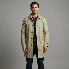 Everett Mac Coat in khaki, full length