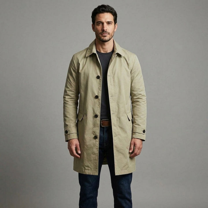 Everett Mac Coat in khaki, full length