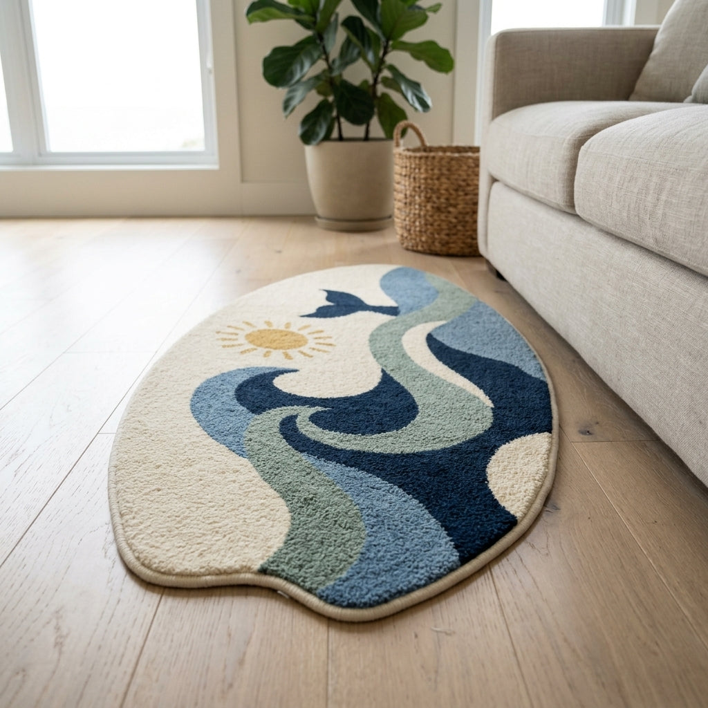 Nautical area rug in front of a sofa in a coastal living room