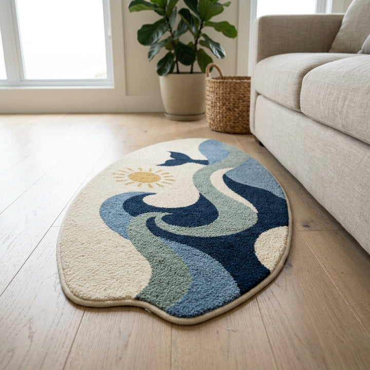 Nautical area rug in front of a sofa in a coastal living room