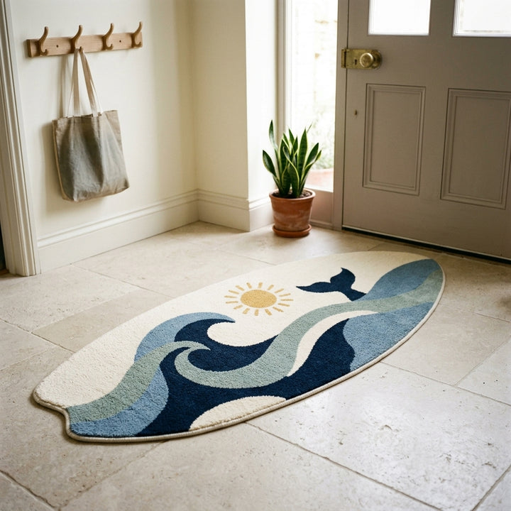Nautical area rug in an entryway by the front door