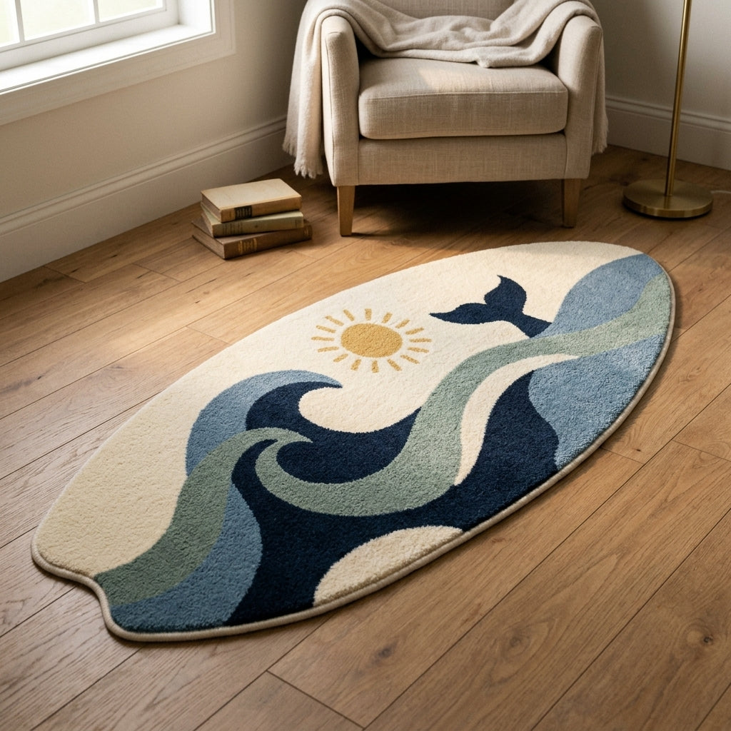 Nautical area rug beneath an armchair in a reading corner