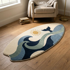 Nautical area rug beneath an armchair in a reading corner