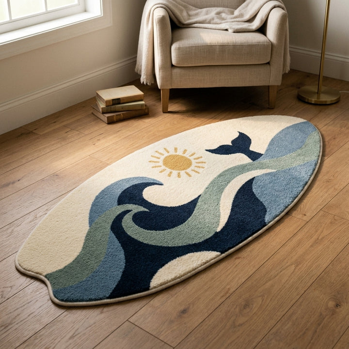 Nautical area rug beneath an armchair in a reading corner