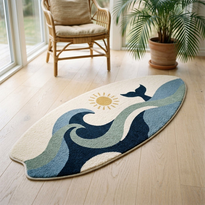 Nautical area rug on a pale wood floor in a sunroom