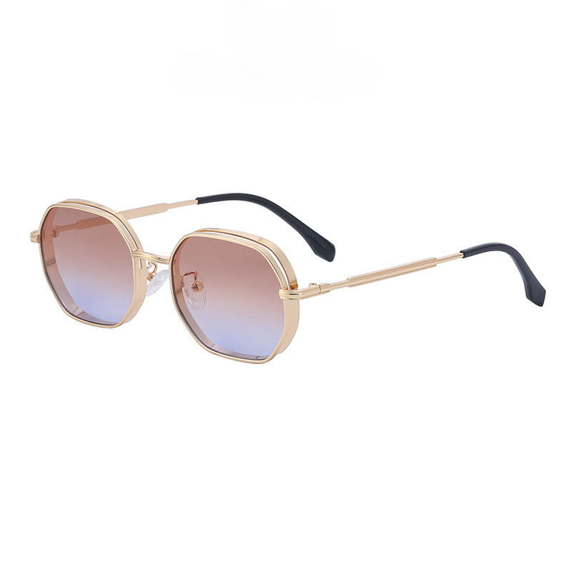 Gold-tone frames and a vintage-inspired design define these geometric sunglasses, featuring gradient brown to blue tinted lenses with UV400 protection and black-tipped arms, displayed on a white background.
