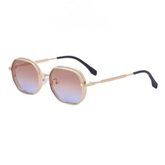 Gold-tone frames and a vintage-inspired design define these geometric sunglasses, featuring gradient brown to blue tinted lenses with UV400 protection and black-tipped arms, displayed on a white background.