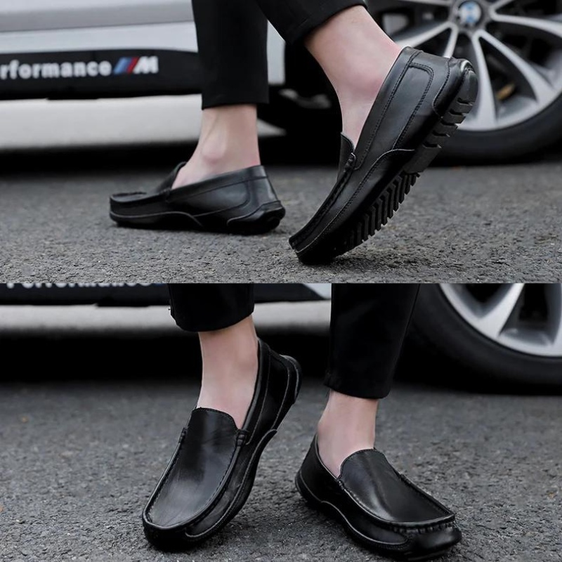 Two images stacked vertically show a person wearing genuine leather loafers with a cushioned insole and black pants, standing on a street near a car tire and wheel. The photos focus on the shoes from side and front angles.