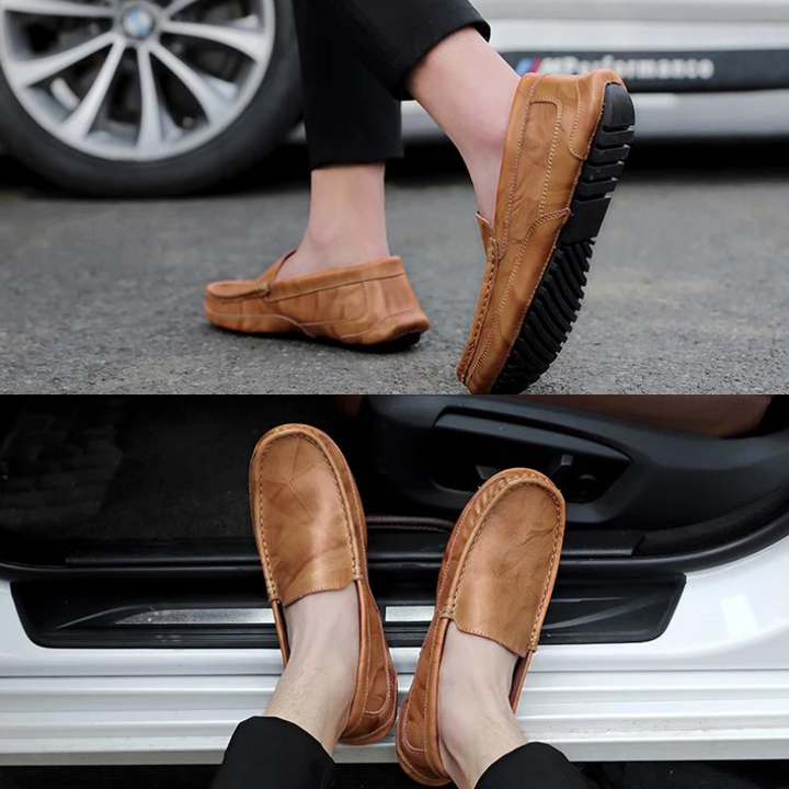 A person wearing genuine leather loafers stands near a car in one image and sits with both feet outside in another, showing the hand-stitched moccasin shoes from side and top views.