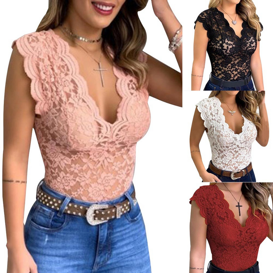 Four women wear lace top, cap-sleeve, V-neck bodysuits in pink, black, white, and red—perfect for summer fashion—each styled with blue jeans and a belt. The main image showcases the pink bodysuit in close-up.