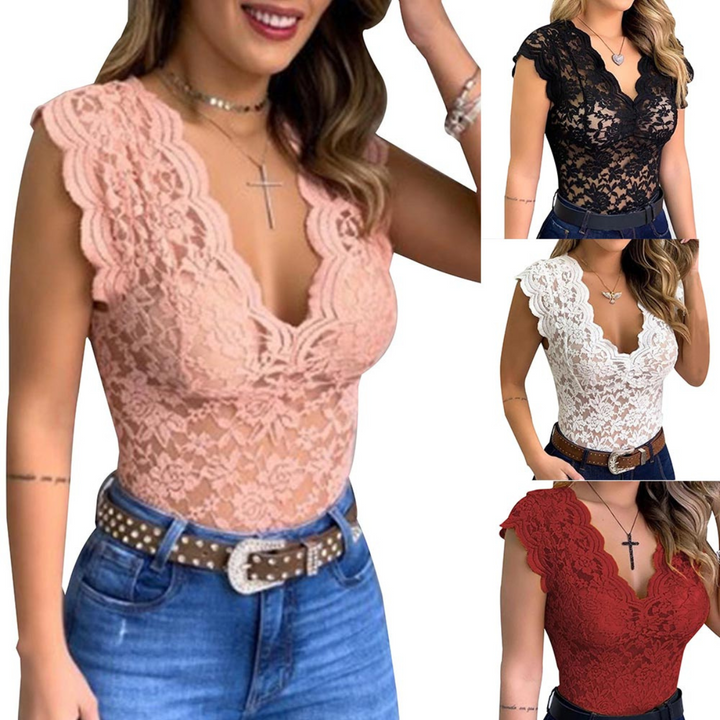 Four women wear lace top, cap-sleeve, V-neck bodysuits in pink, black, white, and red—perfect for summer fashion—each styled with blue jeans and a belt. The main image showcases the pink bodysuit in close-up.