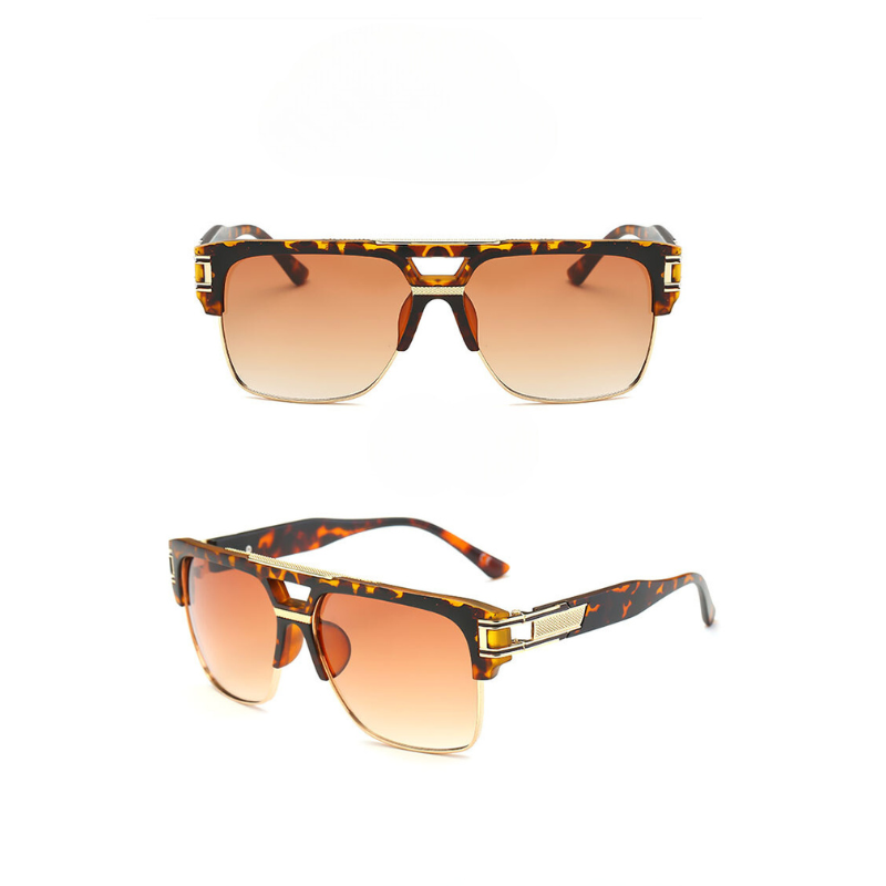 Two views of geometric sunglasses with a tortoiseshell frame and brown gradient, scratch-resistant lenses, featuring gold accents on the temples. The top image shows a front view; the bottom image highlights the stylish side perspective.