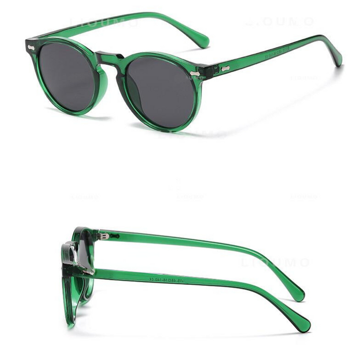 Two views of round frame sunglasses featuring dark lenses and translucent green frames. The first shows the front and side, while the second displays the back and side—stylish, trendsetting sunglasses with UV400 protection.