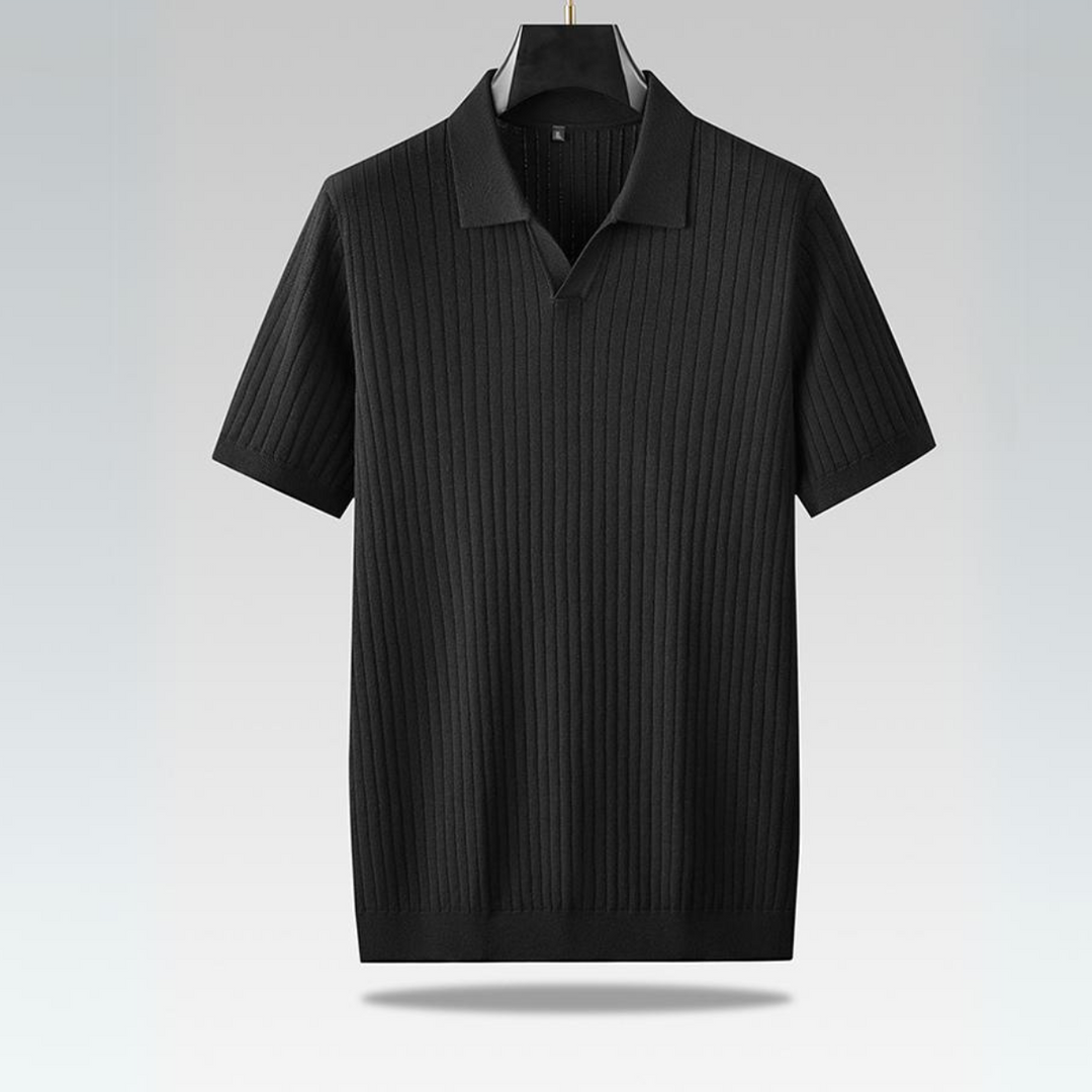 A short-sleeve black ribbed knit polo shirt with a collar and V-neck design, offering a lightweight polo feel, displayed on a hanger against a light gray background. Perfect for the urban professional.