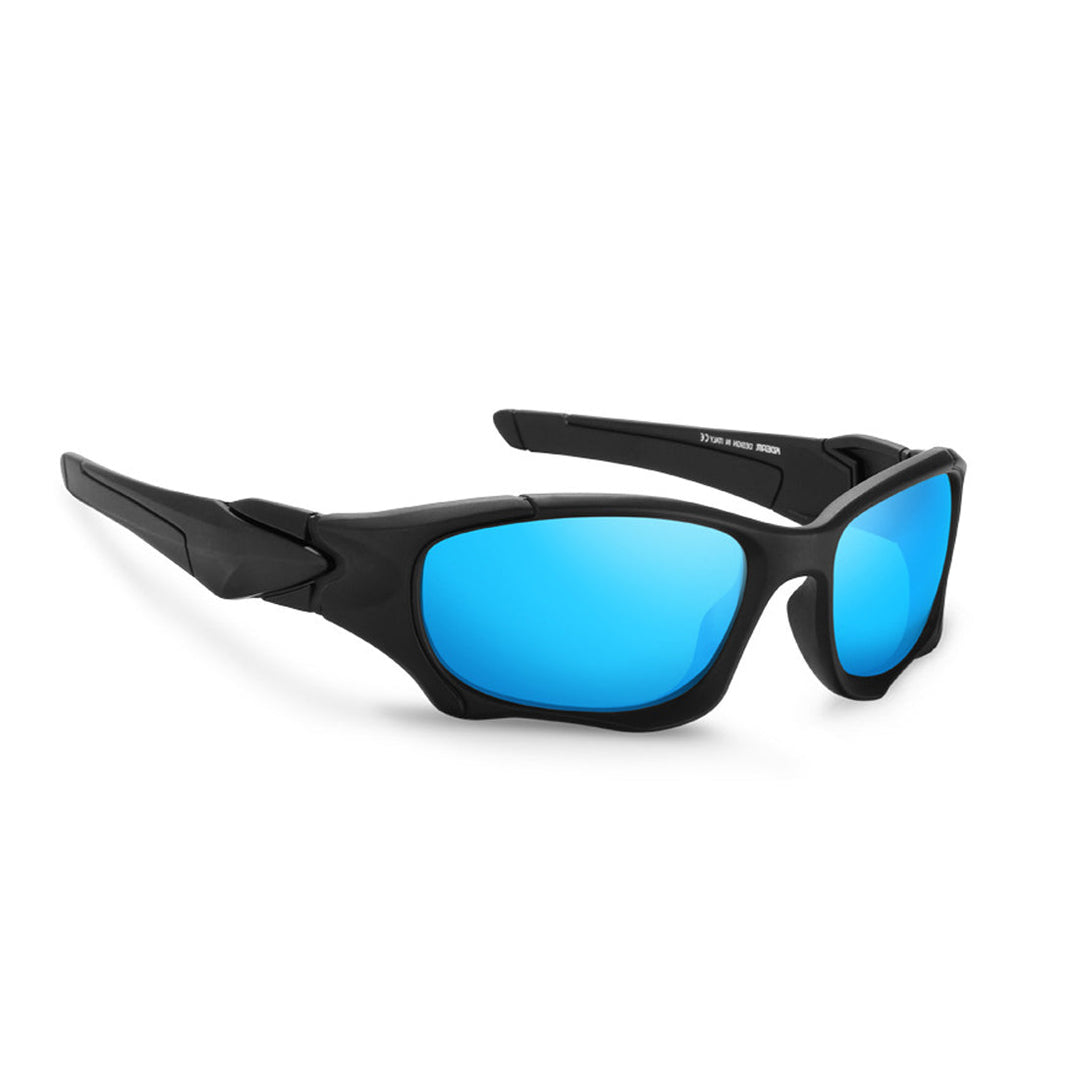 Black sports sunglasses with thick frames and mirrored blue lenses, featuring interchangeable lenses, set against a white background.