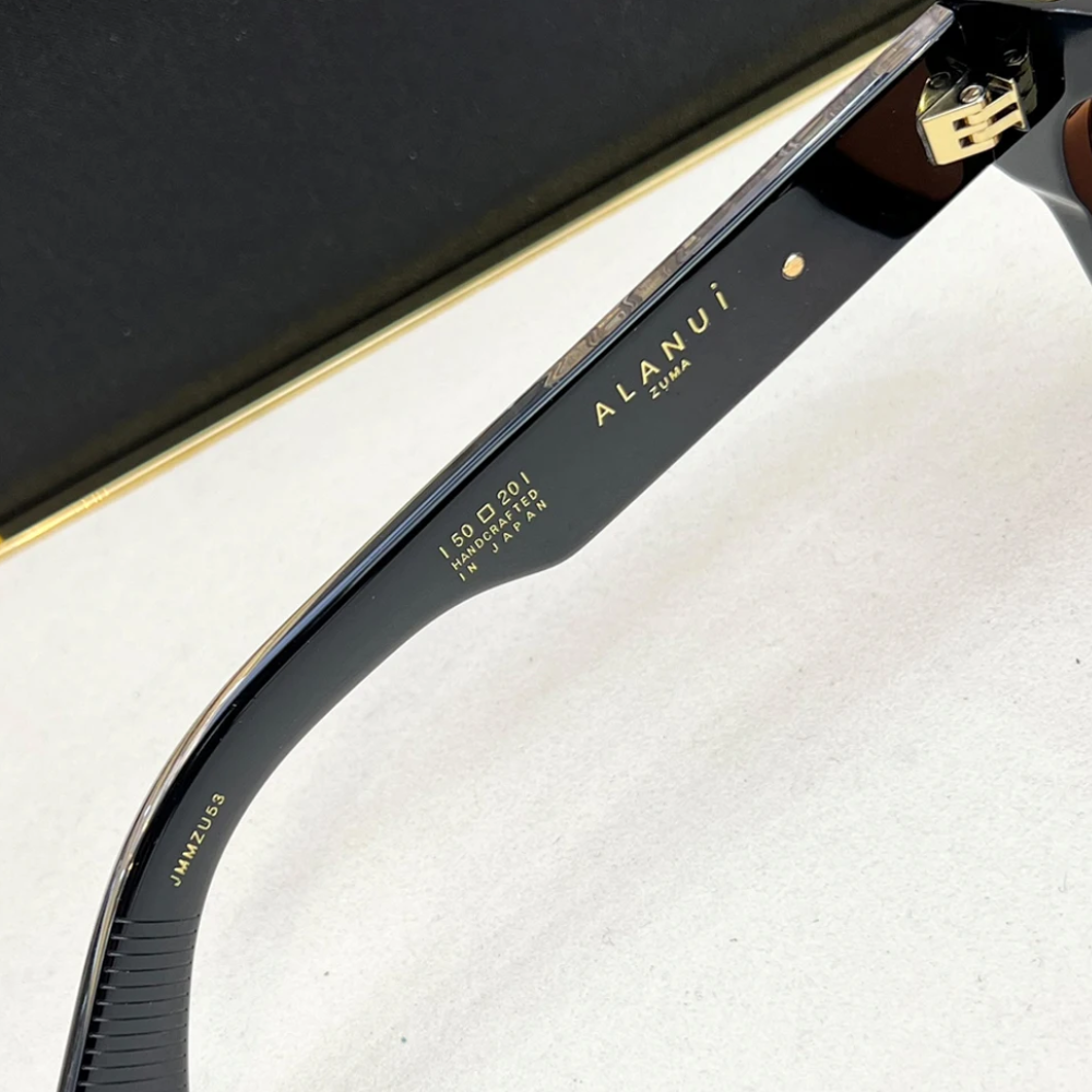 Close-up of the inner arm of black ALANUI retro sunglasses, showing brand name, model details, and size information (50□20) printed in gold lettering on the glossy surface.