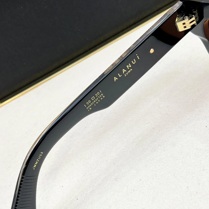 Close-up of the inner arm of black ALANUI retro sunglasses, showing brand name, model details, and size information (50□20) printed in gold lettering on the glossy surface.