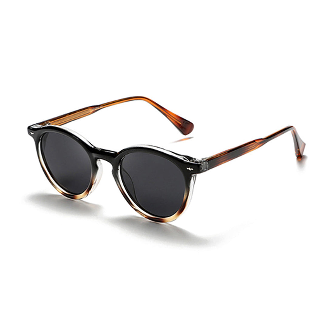 Round Frame Sunglasses with black lenses and a chic frame that fades from black to translucent brown, paired with brown arms—a perfect choice for fashionable eyewear enthusiasts.
