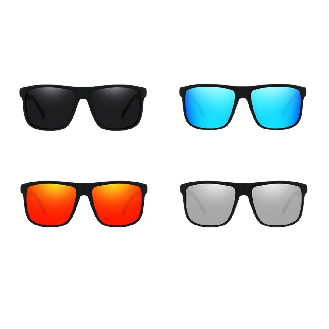 Four pairs of stylish sunglasses with black frames are shown; lightweight lenses in black, blue, orange-red, and silver are arranged in two rows against a white background.