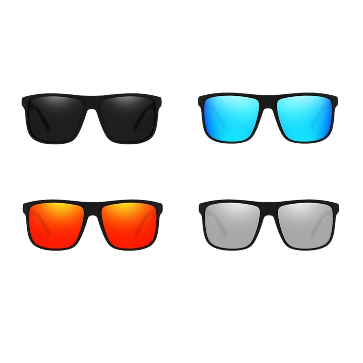 Four pairs of stylish sunglasses with black frames are shown; lightweight lenses in black, blue, orange-red, and silver are arranged in two rows against a white background.