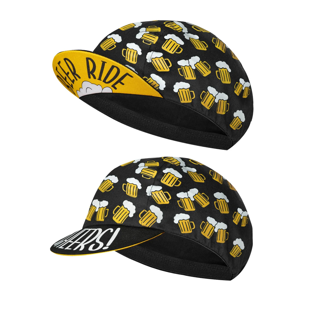 Two black cycling caps with yellow beer mug graphics offer sun protection and style. The underside of one brim says RIDE with clouds, while the other shouts CHEERS! in bold white letters—perfect quick-drying gear for your next ride.