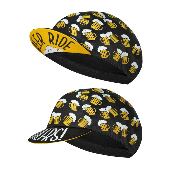 Two black cycling caps with yellow beer mug graphics offer sun protection and style. The underside of one brim says RIDE with clouds, while the other shouts CHEERS! in bold white letters—perfect quick-drying gear for your next ride.