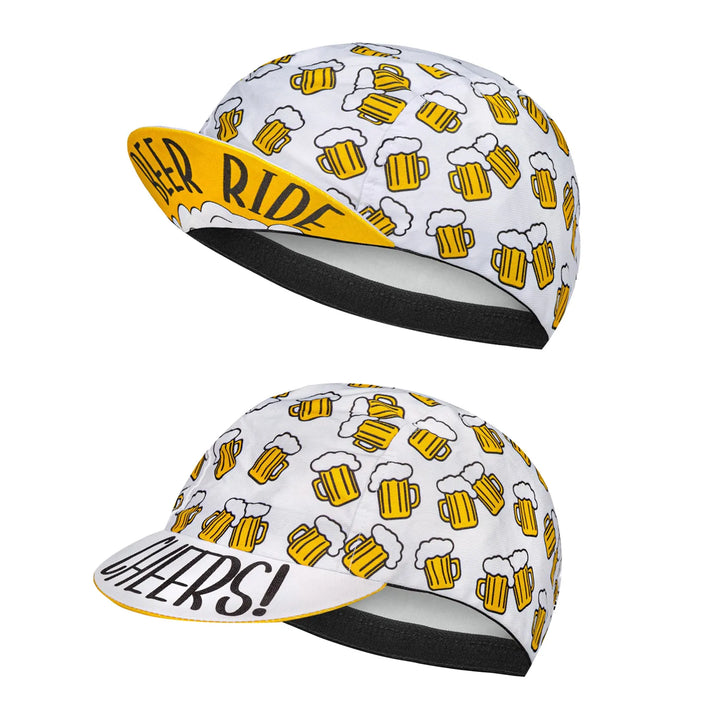Two quick-drying cycling caps feature a white background with a lively all-over pattern of yellow beer mugs and foam. Each cap offers sun protection, with BEER RIDE or CHEERS! boldly printed on the underside of the brim.