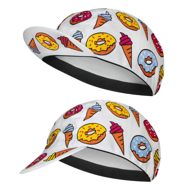 A quick-drying white cycling cap with a pattern of colorful cartoon donuts and ice cream cones, shown from two angles. The cap offers sun protection and features a black inner band with a short, curved brim.