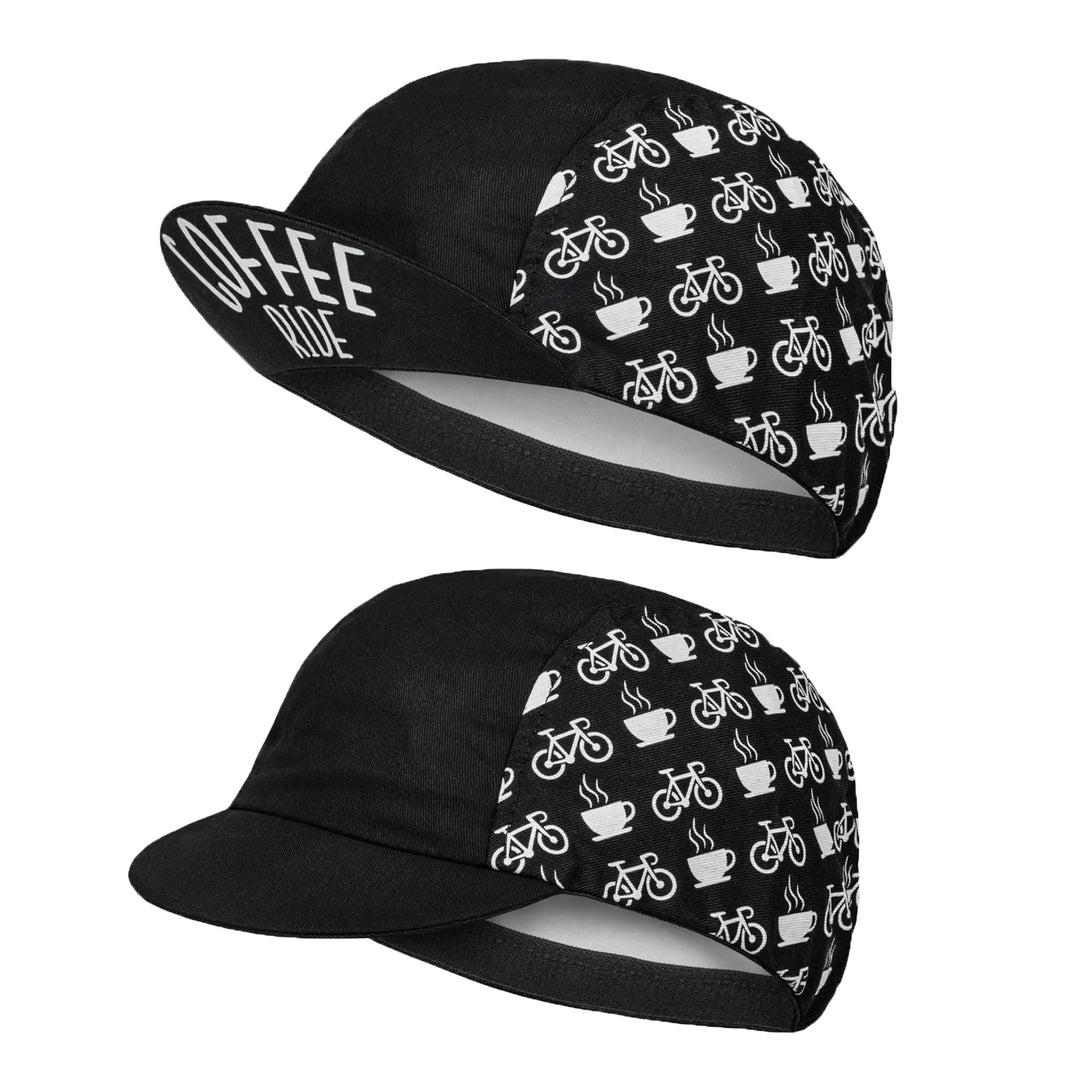 Two black cycling caps with a pattern of white bicycles and coffee cups on the side panels. One cap’s visor is flipped up, revealing COFFEE RIDE in white underneath. Designed for sun protection, this cycling cap keeps you comfortable on every ride.