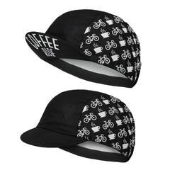 Two black cycling caps with a pattern of white bicycles and coffee cups on the side panels. One cap’s visor is flipped up, revealing COFFEE RIDE in white underneath. Designed for sun protection, this cycling cap keeps you comfortable on every ride.