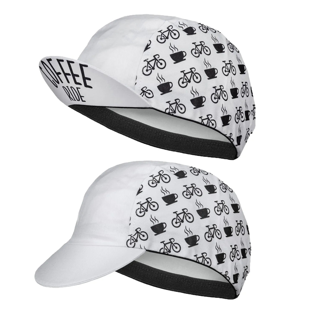 White cycling cap with black bicycle and coffee cup pattern on the sides. The quick-drying fabric offers sun protection. The underside of the brim displays COFFEE RIDE in bold black letters. Two views are shown: brim up and brim down.