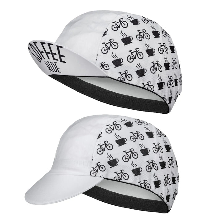 White cycling cap with black bicycle and coffee cup pattern on the sides. The quick-drying fabric offers sun protection. The underside of the brim displays COFFEE RIDE in bold black letters. Two views are shown: brim up and brim down.