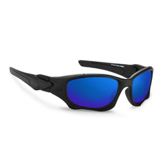 Black wraparound sports sunglasses with thick frames and mirrored blue lenses, angled on a white background. Designed as polarized cycling glasses, they provide optimal clarity and style for active lifestyles.