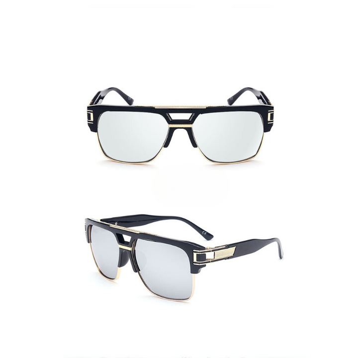 Two views of geometric sunglasses with black frames, gold accents, and mirrored, scratch-resistant lenses are shown against a white background. The top view displays the front, while the bottom shows a three-quarter angle.