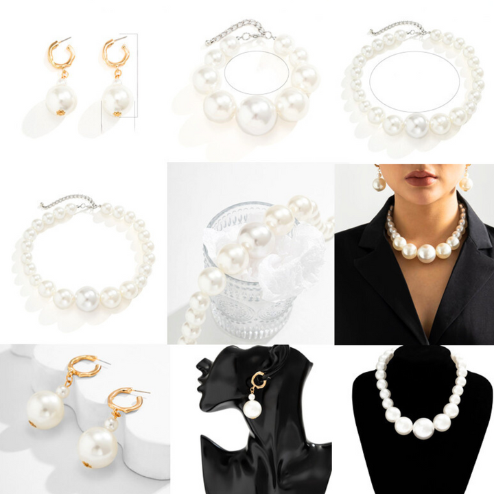 A collage of pearl jewelry, including statement jewelry like pearl earrings and necklaces, shown on white backgrounds, props, and models. One close-up highlights a woman wearing a large pearl necklace with a black blazer.
