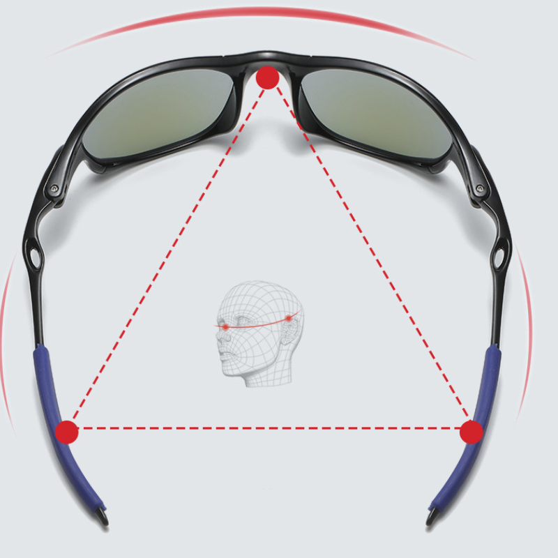 A pair of cycling sunglasses with a rectangular frame forms a triangle with dashed red lines pointing to a head illustration, highlighting alignment points on the ears and nose bridge.
