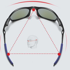 A pair of cycling sunglasses with a rectangular frame forms a triangle with dashed red lines pointing to a head illustration, highlighting alignment points on the ears and nose bridge.