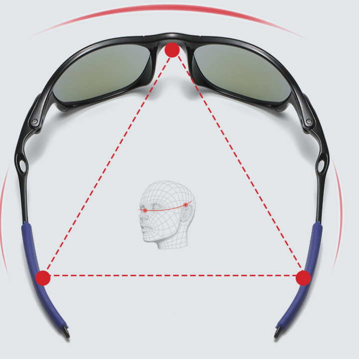 A pair of cycling sunglasses with a rectangular frame forms a triangle with dashed red lines pointing to a head illustration, highlighting alignment points on the ears and nose bridge.
