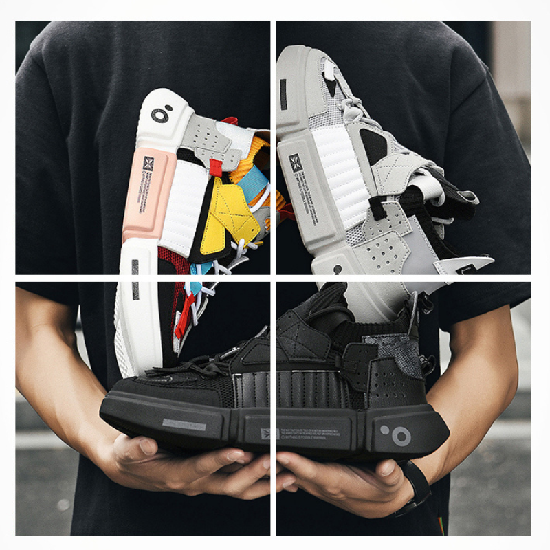 A person holds four pairs of modern streetwear sneakers, including Extreme VS7 Sneakers. Arranged in a cross pattern, each lightweight breathable sneaker features bold color-blocking: multicolor, gray, black, and gray with white accents.