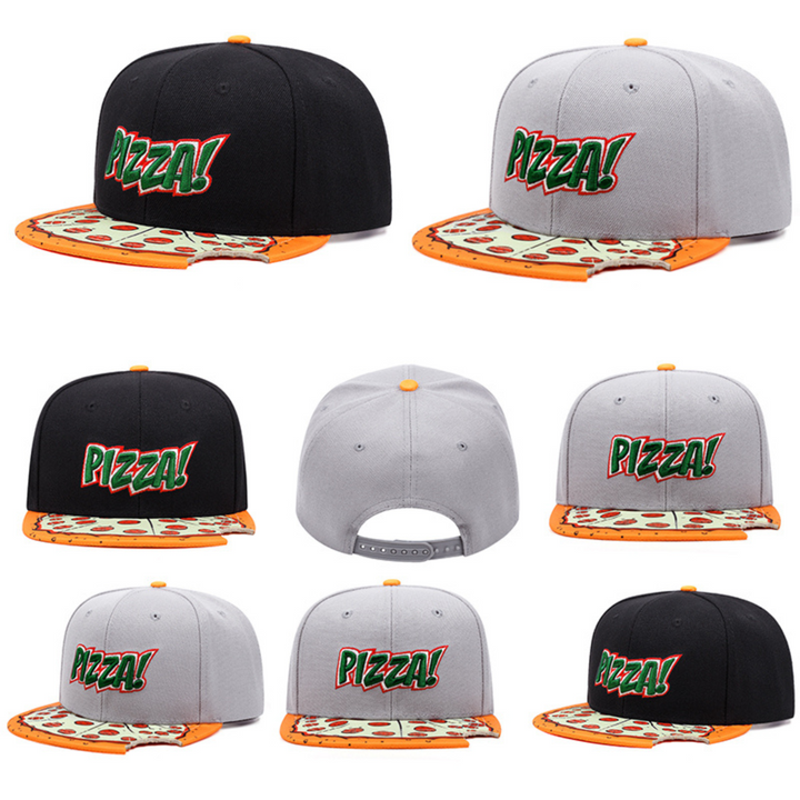 A collage of statement piece snapback hats with “PIZZA!” in green and red letters on the front. The unique brim hats are decorated with cartoon pizza slices, in black or gray with orange accents, shown from multiple angles.