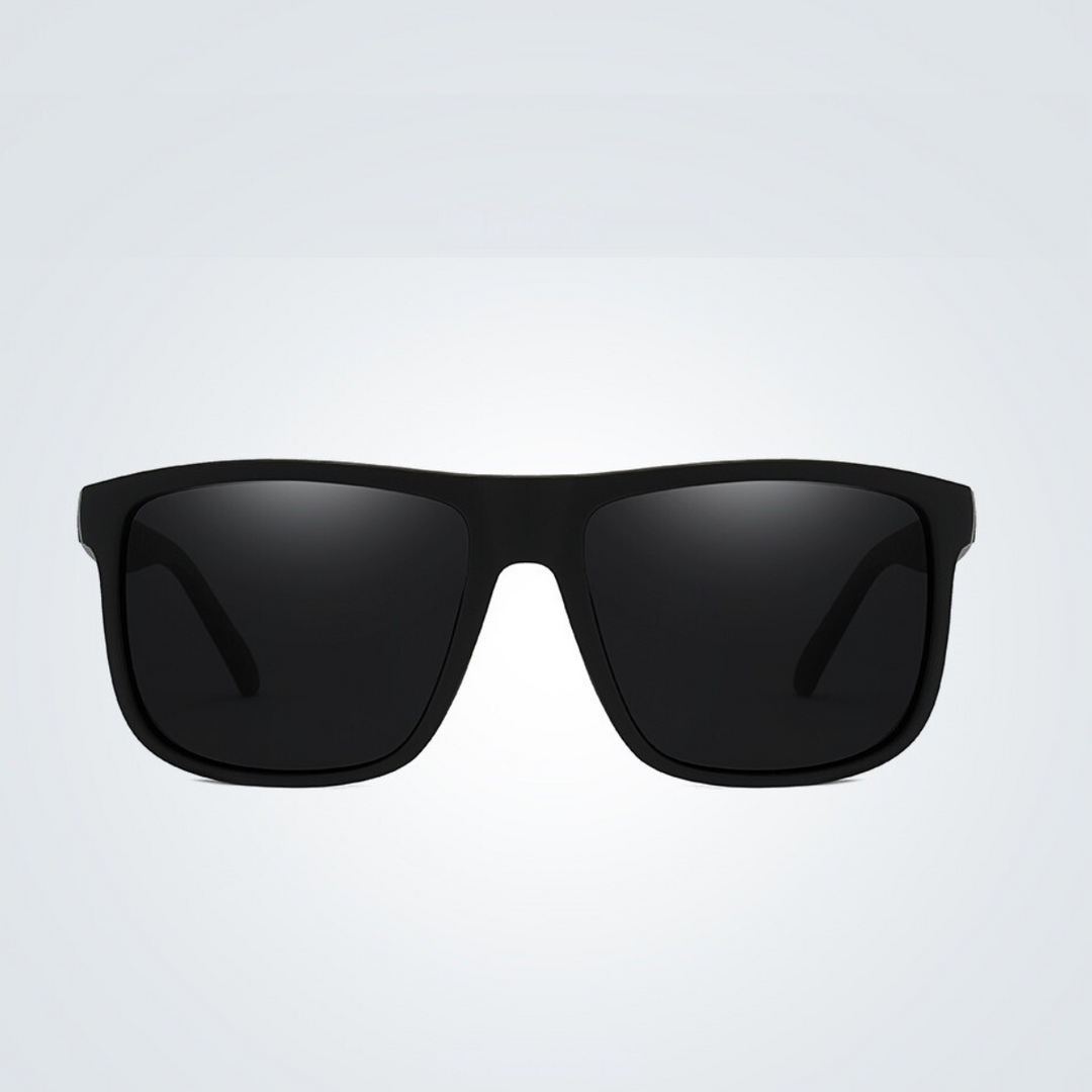 A pair of stylish black rectangular sunglasses with dark UV400 lenses is centered on a plain light gray background.