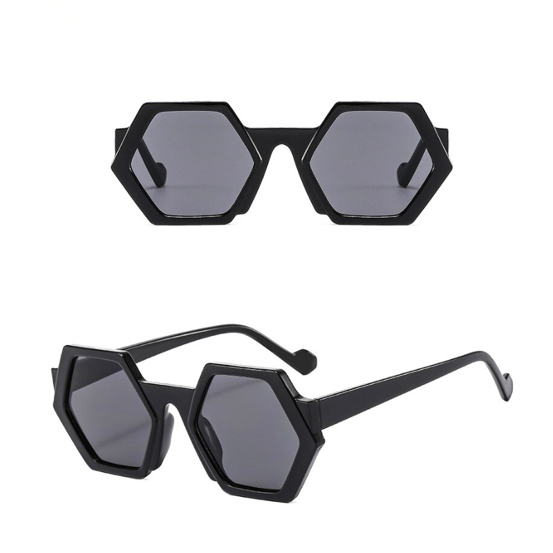 Two views of trend-forward black sunglasses with a hexagonal frame and dark lenses are shown—one from the front and one from an angled side view.