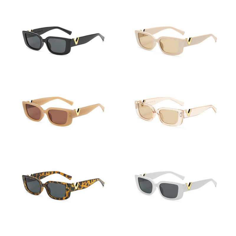 Six pairs of designer sunglasses with geometric frames are displayed in two columns and three rows, each in a different color: black, beige, light brown, transparent, tortoiseshell, and white.