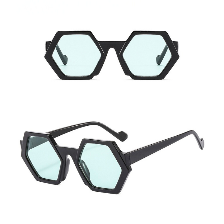 Two views of black-framed sunglasses with hexagonal frame and light blue lenses. One view shows the front, the other highlights a side angle of the trend-forward geometric design with UV400 protection.