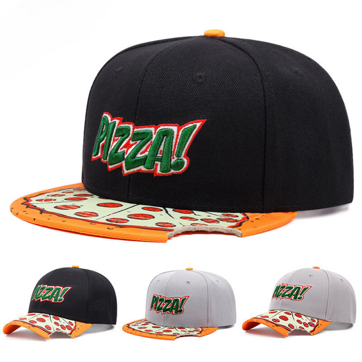 A black and gray baseball cap with PIZZA! embroidered on the front and a pizza slice graphic on the brim. This unique brim hat comes in three color variations: black, gray, and light gray. A true statement piece for pizza lovers.