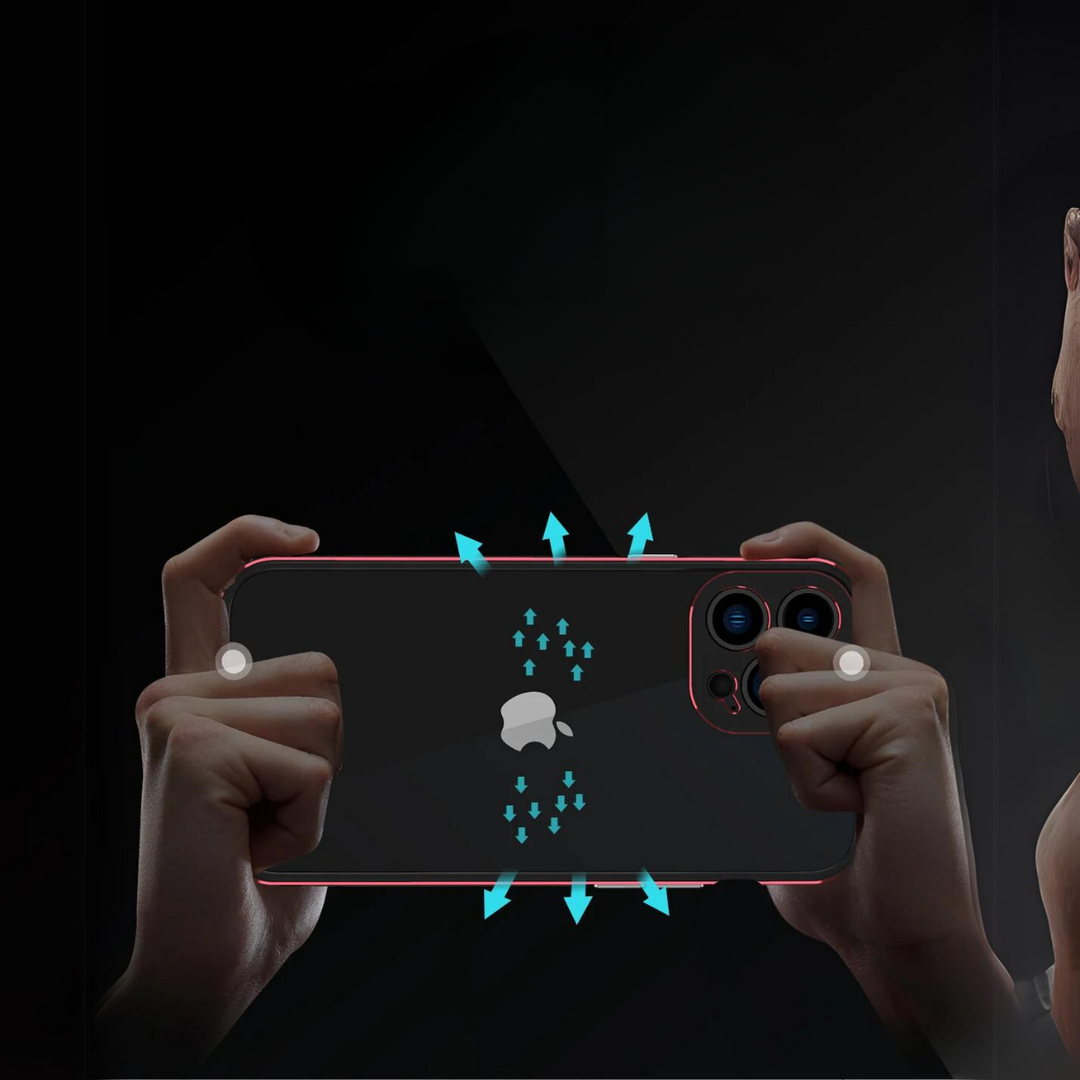 Two hands hold a smartphone horizontally, encased in a durable phone case, with blue arrows showing cooling airflow toward the center; on the right, a partial view of a person appears against a dark background.