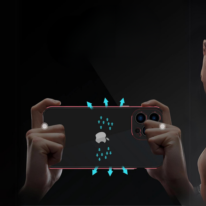 Two hands hold a smartphone horizontally, encased in a durable phone case, with blue arrows showing cooling airflow toward the center; on the right, a partial view of a person appears against a dark background.