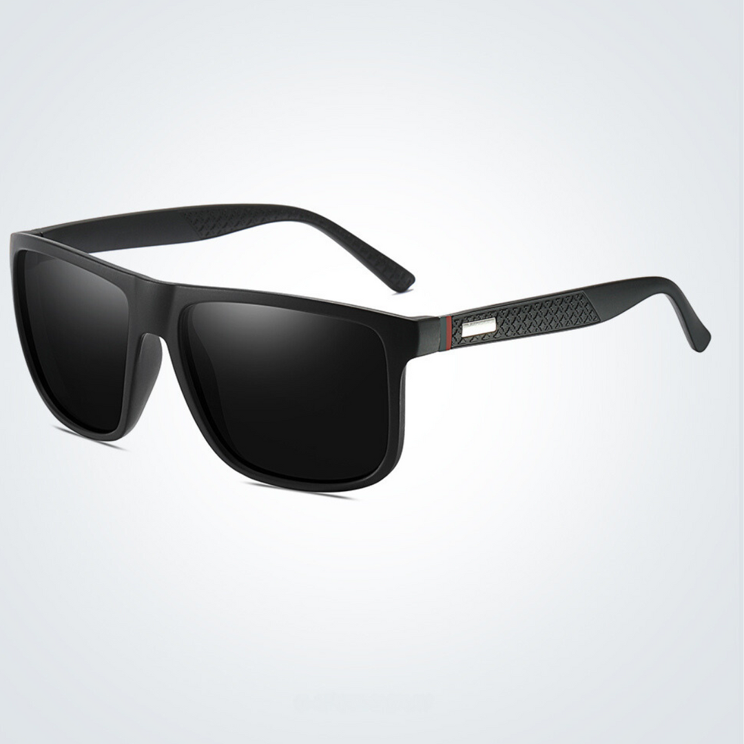 A pair of stylish black rectangular sunglasses with dark lenses and textured arms, displayed on a light gray background.